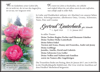 Traueranzeige von Gertrud Lauterbach von Südthüringer Presse
