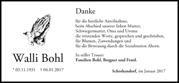 Traueranzeige von Walli Pohl von Neue Presse Coburg