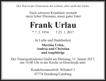 Traueranzeige von Frank Urlau von Südthüringer Presse