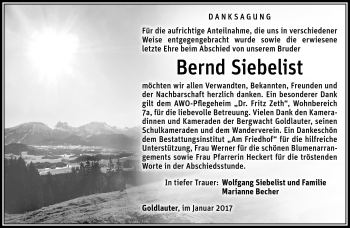 Traueranzeige von Bernd Siebelist von Südthüringer Presse