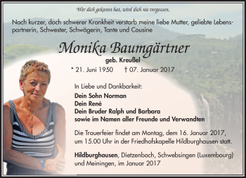 Traueranzeige von Monika Baumgärtner von Südthüringer Presse