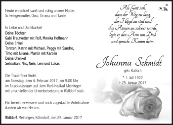 Traueranzeige von Johanna Schmidt von Südthüringer Presse