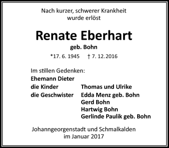 Traueranzeige von Renate Eberhart von Südthüringer Presse