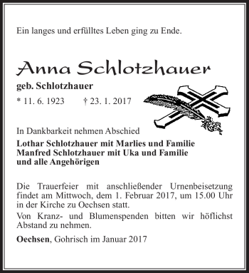 Traueranzeige von Anna Schlotzhauer von Südthüringer Presse