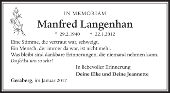 Traueranzeige von Manfred Langenhan von Südthüringer Presse