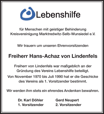 Traueranzeige von Hans-Achaz von Lindenfels von Frankenpost