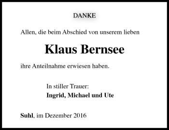 Traueranzeige von Klaus Bernsee von Südthüringer Presse