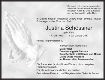 Traueranzeige von Justina Schössner von Frankenpost
