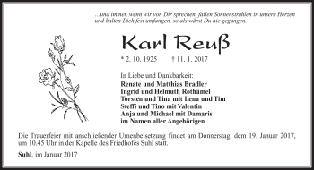 Traueranzeige von Karl Reuß von Südthüringer Presse