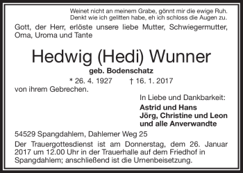 Traueranzeige von Hedwig Wurmer von Frankenpost