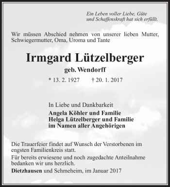 Traueranzeige von Irmgard Lützelberger von Südthüringer Presse