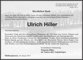 Traueranzeige von Ulrich Hiller von Südthüringer Presse