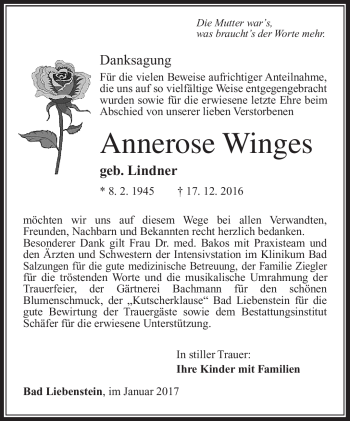 Traueranzeige von Annerose Winges von Südthüringer Presse