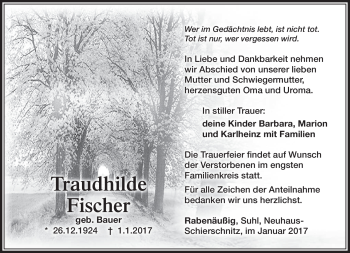 Traueranzeige von Traudhilde Fischer von Südthüringer Presse