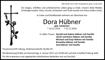 Traueranzeige von Dora Hübner von Neue Presse Coburg