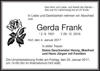 Traueranzeige von Gerda Frank von Frankenpost
