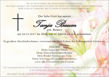 Traueranzeige von Tanja Brehm von Neue Presse Coburg