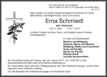 Traueranzeige von Erna Schmiedl von Frankenpost