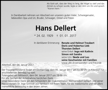 Traueranzeige von Hans Dellert von Neue Presse Coburg