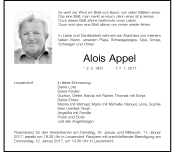 Traueranzeige von Alois Appel von Neue Presse Coburg