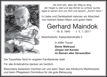 Traueranzeige von Gerhard Maindok von Frankenpost
