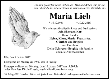 Traueranzeige von Maria Lieb von Neue Presse Coburg