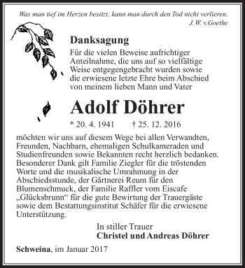 Traueranzeige von Adolf Döhrer von Südthüringer Presse