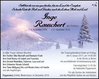 Traueranzeige von Inge Rauschert von Südthüringer Presse
