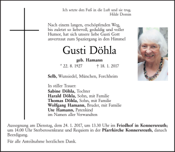Traueranzeige von Gusti Döhla von Frankenpost