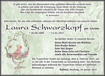 Traueranzeige von Laura Schwarzkopf von Südthüringer Presse