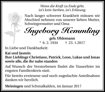 Traueranzeige von Ingeborg Hemmlind von Südthüringer Presse