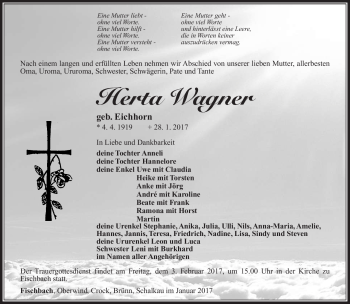 Traueranzeige von Herta Wagner von Südthüringer Presse