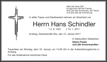 Traueranzeige von Hans Schindler von Frankenpost