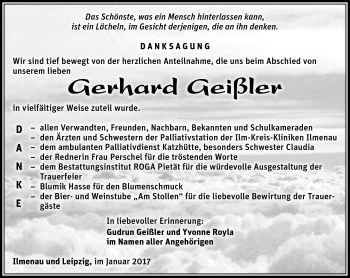 Traueranzeige von Gerhard Geißler von Südthüringer Presse
