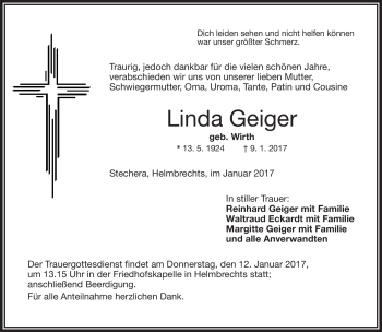 Traueranzeige von Linda Geiger von Frankenpost