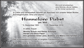 Traueranzeige von Hannelore Pabst von Südthüringer Presse