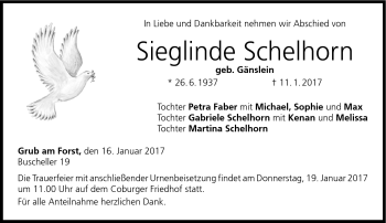 Traueranzeige von Sieglinde Schelhorn von Neue Presse Coburg
