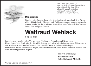 Traueranzeige von Waltraud Wehlack von Südthüringer Presse