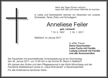 Traueranzeige von Anneliese Feiler von Frankenpost