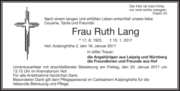 Traueranzeige von Ruth Lang von Frankenpost