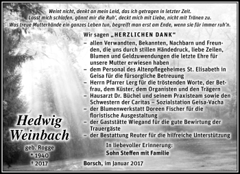 Traueranzeige von Hedwig Weinbach von Südthüringer Presse