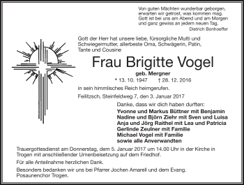 Traueranzeige von Brigitte Vogel von Frankenpost