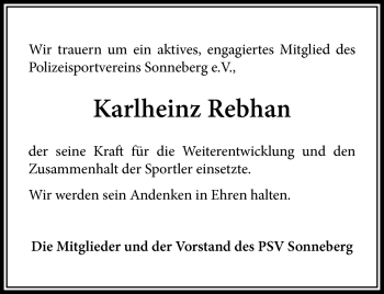 Traueranzeige von Karlheinz Rebhan von Südthüringer Presse