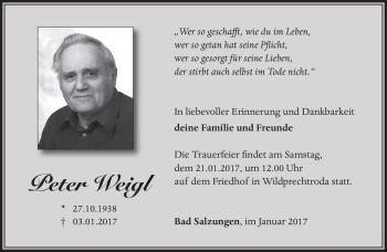 Traueranzeige von Peter Weigl von Südthüringer Presse