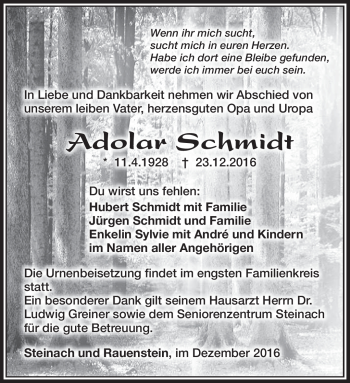 Traueranzeige von Adolar Schmidt von Südthüringer Presse