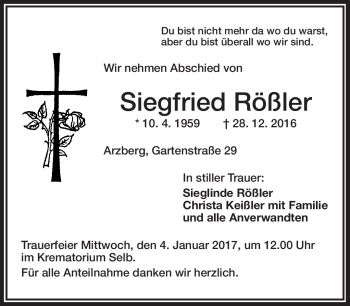 Traueranzeige von Siegfried Rößler von Frankenpost