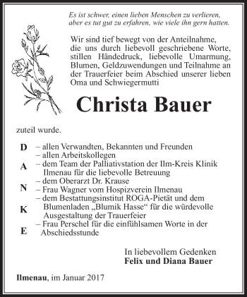 Traueranzeige von Christa Bauer von Südthüringer Presse