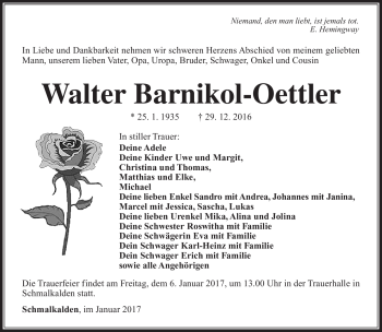 Traueranzeige von Walter Barnikol-Oettler von Südthüringer Presse