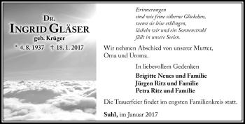 Traueranzeige von Ingrid Gläser von Südthüringer Presse