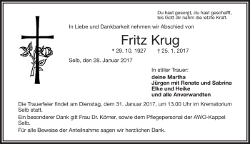 Traueranzeige von Fritz Krug von Frankenpost
